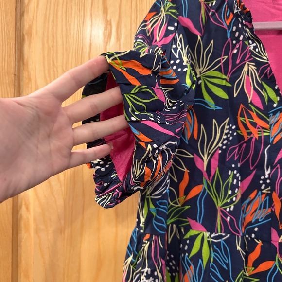 THML Women's Size L Navy Blue Colorful Leaf Print Tiered Short Sleeve Dress - Picture 2 of 8